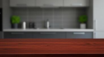 Empty dark red wooden table in focus with blurred kitchen in the background. Copy space for object placement and product display template mockup. photo