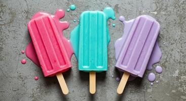 Three colorful melting popsicles, pink, turquoise, and purple with dripping juice on a gray surface. Summer treat, frozen dessert, and refreshment concept. photo