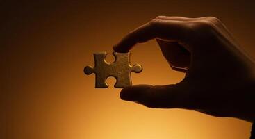 Hand holding a golden jigsaw puzzle piece against a warm, glowing background, symbolizing solutions, strategy, and the completion of a project. photo
