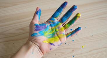 Close up on a mans hand covered in colorful paint, with blue, yellow, and purple hues, resting on a bright wooden surface. Creative expression concept. photo