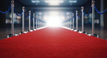 Ground level view captures a vibrant red carpet bordered by silver stanchions with blue velvet ropes extending into the distance. Event concept. photo