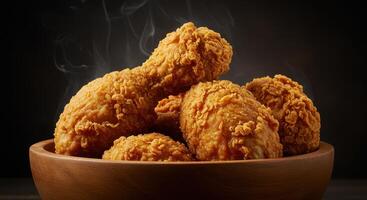 Close up of golden brown crispy fried chicken pieces in a rustic wooden bowl against a dark, slightly blurred background with subtle steam. photo