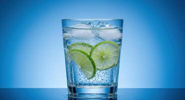 Refreshing drink with ice and lime slices in a glass on a blue background. Bubbles enhance the visual appeal of this cool beverage. photo