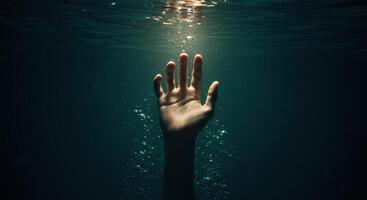 Mans hand reaching up from dark water with bubbles toward a light source, symbolizing hope, rescue, or struggle in an underwater environment. photo
