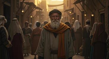 Elderly man with long grey beard stands in a bustling ancient marketplace. He wears a plain hooded robe and head covering, surrounded by crowd. photo