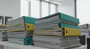 Stacks of ring binders and paper files on a desk in a modern office. Document management, paperwork, and administration concept. photo
