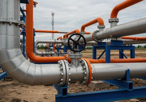 Industrial pipeline system with valves, pipes, and metal construction. Complex network for transporting gas and oil in a refinery under an overcast sky. photo