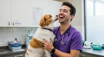 Happy male veterinarian in purple scrubs holds dog as it licks his face in vet clinic. Smiling vet doctor with stethoscope and cheerful dog in animal hospital. photo