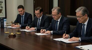 Four businessmen in suits signing legal documents at a conference table with a scale of justice. Concept of law, agreement, deal, contract, and collaboration. photo
