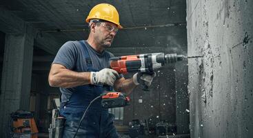 Construction worker drills into concrete wall with jackhammer. Man in hardhat and safety glasses using power tool on construction site. Building and industrial concepts. photo