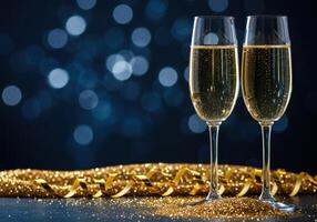 Two champagne flutes filled with sparkling wine, placed near a golden ribbon on a dark surface with bokeh lights, perfect for celebrations. photo