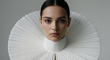 Close up of a beautiful woman with a stylish white pleated collar, looking at the camera with a neutral expression against a grey background. photo