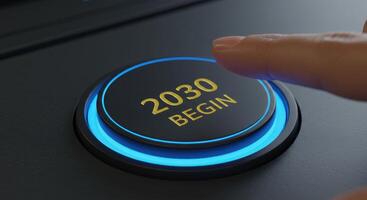 Finger presses a glowing 2030 begin button. Symbolizes the start of a new era, future technology, and the challenges and opportunities of the coming decade. photo