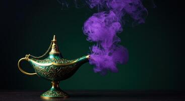 Ornate genie lamp with purple smoke coming out of the spout on a dark green background. Concept for magic, wish, and fantasy themes. photo