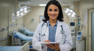 Smiling female doctor using a tablet in a hospital operating room with surgical lights and medical equipment. Healthcare professional at work. photo