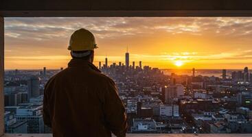 Construction worker in hardhat looks at New York City skyline at sunrise from building under construction. Urban development and engineering concept. photo