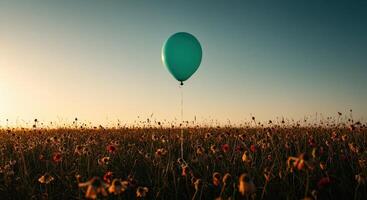Teal balloon floating over a flower field at sunset. Dreamy landscape with a single balloon against a clear sky evokes freedom and imagination. photo