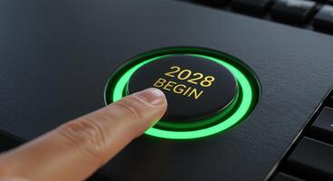 Finger pressing a black button with gold text '2028 Begin' surrounded by a green light, symbolizing the start of the year 2028 and new beginnings. photo