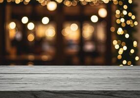 Rustic wood table surface with blurred lights in background. Ideal for product placement, holiday themes, or food photography with bokeh effects. Christmas and New Year concept. photo
