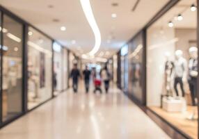 Blurred view of a shopping mall interior with storefronts, mannequins, and shoppers walking along the corridor. Retail and consumerism concept with a modern design. photo