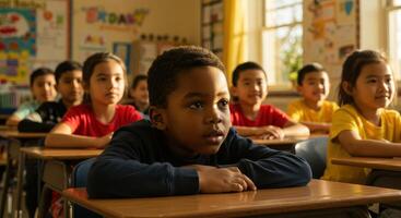 Elementary school students of diverse ethnicities sit at desks in a classroom, listening attentively during a lesson, fostering education and learning. photo