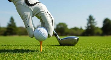 Gloved hand places golf ball on tee on green grass with driver in background. Preparing for tee off on golf course for sport and recreation concept. photo