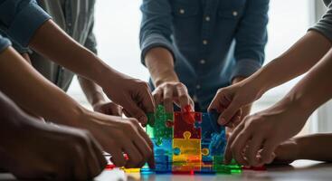 Diverse team of business people assembling colorful transparent jigsaw puzzle pieces. Symbolizes collaboration, strategy, solution, and teamwork. photo