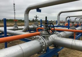 Industrial landscape featuring a network of silver pipelines with black and orange accents, valves and flanges, set against a cloudy sky. Focus on infrastructure and engineering. photo