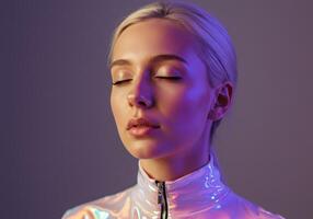 Close up studio shot of a blonde woman with closed eyes in a futuristic iridescent jacket. Beauty shot with violet and pink lighting. Fashion and science concept. photo
