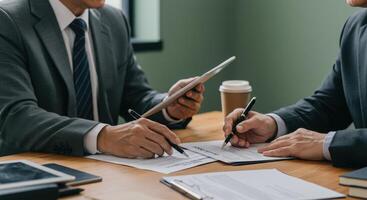Businessmen in suits review documents and sign contract at a meeting. They use a tablet and pen on a wooden table with coffee. Focus on collaboration and agreement. photo