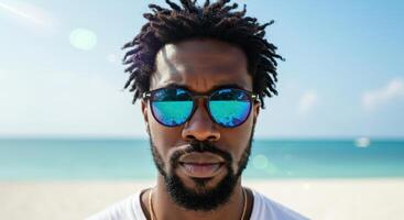 Portrait of an African American man with dreadlocks wearing sunglasses at the beach with ocean and blue sky reflected in the lenses. photo