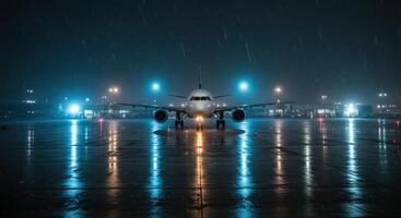 Commercial airplane on wet airport runway at night during heavy rain. Modern passenger jet ready for takeoff in bad weather conditions. photo