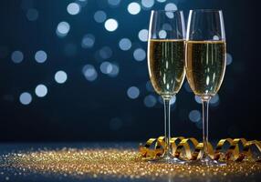 Two champagne flutes filled with sparkling wine, golden glitter, and ribbon on a blue bokeh background. Celebration, anniversary, and festive mood concepts. photo
