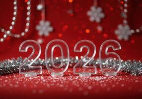 Festive 2026 new year composition with transparent numbers, silver tinsel, snowflakes, and string lights against a vibrant red backdrop. Celebration concept. photo