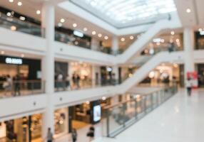 Blurred view of a shopping mall interior featuring multiple levels, escalators, retail stores, and shoppers. Modern architecture and bright lighting create a commercial atmosphere. photo