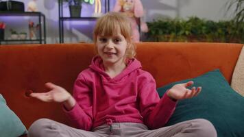 Child kid girl asking why, what reason of failure, demonstrating disbelief irritation by troubles video
