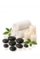 relajante spa preparar con velas, toallas, y suave piedras creando un calmante ambiente png