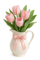 Beautiful Pink Tulips in a White Pitcher With a Ribbon Displayed Elegantly on a Table Setting png
