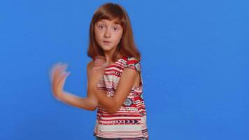 Child girl kid raising hands asking what why reason of failure, disbelief irritation by troubles video