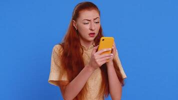 Woman use smartphone typing browsing loses becoming surprised sudden lottery result bad fortune video