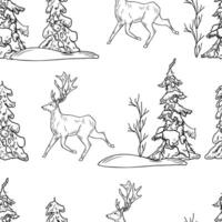 Seamless pattern with deer and snowy conifer trees hand drawn black white outline background. Repeating winter forest scene for rustic Christmas designs, holiday packaging, and woodland prints. vector