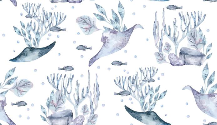 Ocean animals and sea plants horizontal seamless pattern isolated. Watercolor blue monochrome marine life elements stingray, seaweeds hand painted. Sea world on botanical texture and ray fish