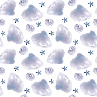 Undersea pattern of seashells, starfish and watercolor splash in dusty blue colors isolated. Design baby textile of fantasy pale blue swirls and snail shells hand drawn seamless background Sea style