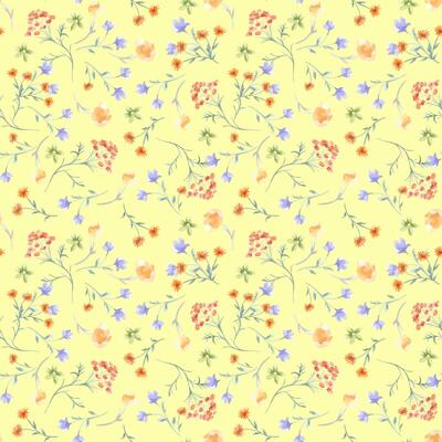 Delicate watercolor seamless pattern of flowers, herbs soft orange, blue color isolated. Abstract meadow blooms on repeated texture hand painted. Simple botanical background for textile, paper