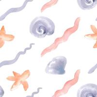 Underwater watercolor pattern of abstract seashells, starfish and snails isolated. Sea watercolor background with wavy lines hand drawn. Marine repeated texture purples and oranges colors. vector