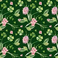 Shamrocks, pink hydrangea and leaves watercolor seamless pattern isolated. Floral repeat background with spring flowers and herbs painted. Botanical art design for home textile, Happy Easter vector