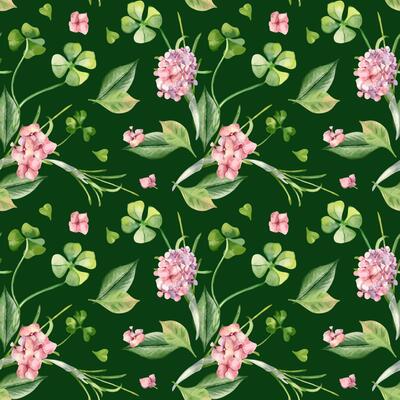 Shamrocks, pink hydrangea and leaves watercolor seamless pattern isolated. Floral repeat background with spring flowers and herbs painted. Botanical art design for home textile, Happy Easter