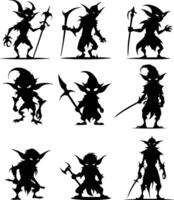 silhouette set of goblins, isolated in white. Ideal for fantasy designs, game illustrations, and dark-themed artwork. vector