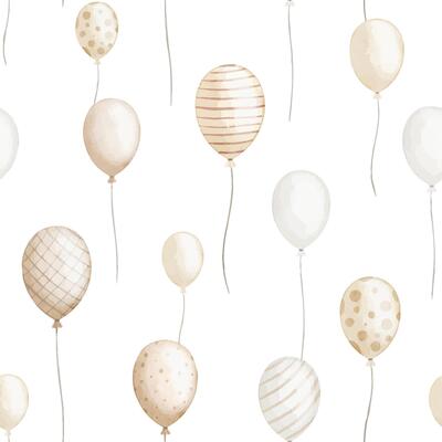 Watercolor seamless Pattern with floating Balloons in soft pastel beige colors. Illustration of festive background for birthday cards, nursery wallpaper or wrapping paper. Drawing of party backdrop.