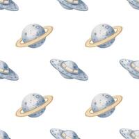 Watercolor seamless Pattern with Planets and UFOs. Illustration of childish Space background wot wrapping paper or textile design. Ornament in pastel colors with Cosmos objects for kids fabric. vector